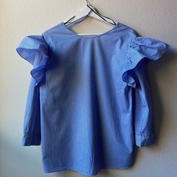 Zara Tops - Zara Blue Striped Ruffle Shoulder Shirt (Size: M)
